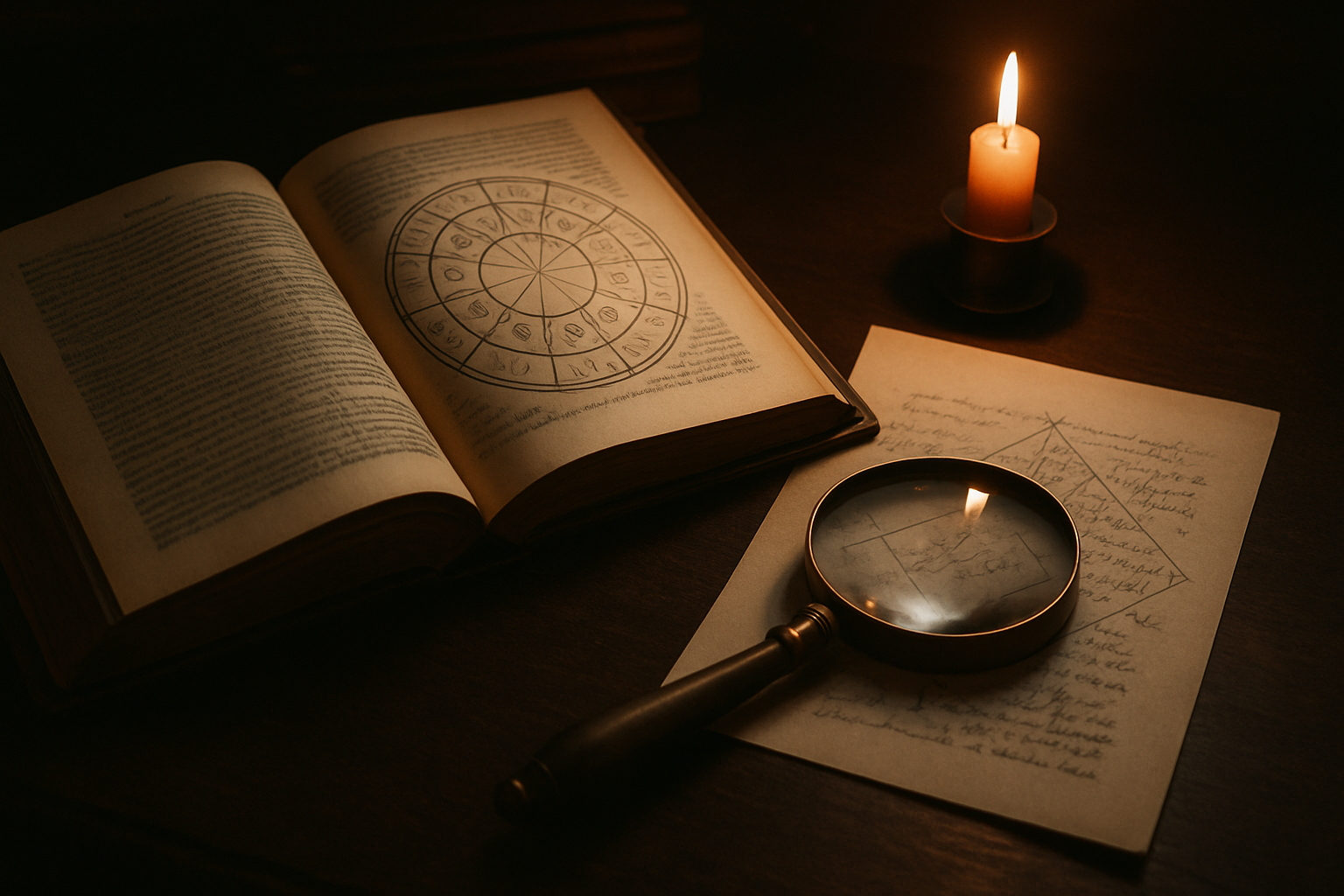 An open astrology book beside a handwritten natal chart, brass magnifying glass, and candlelight on a dark wooden desk.