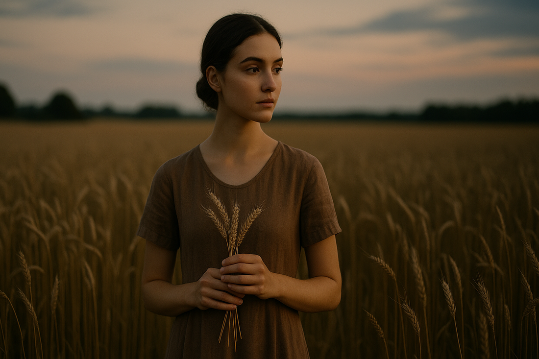 A reflective person standing in a golden wheat field at dusk holding a small bundle of grain, symbolizing Virgo and the end of Virgo season.