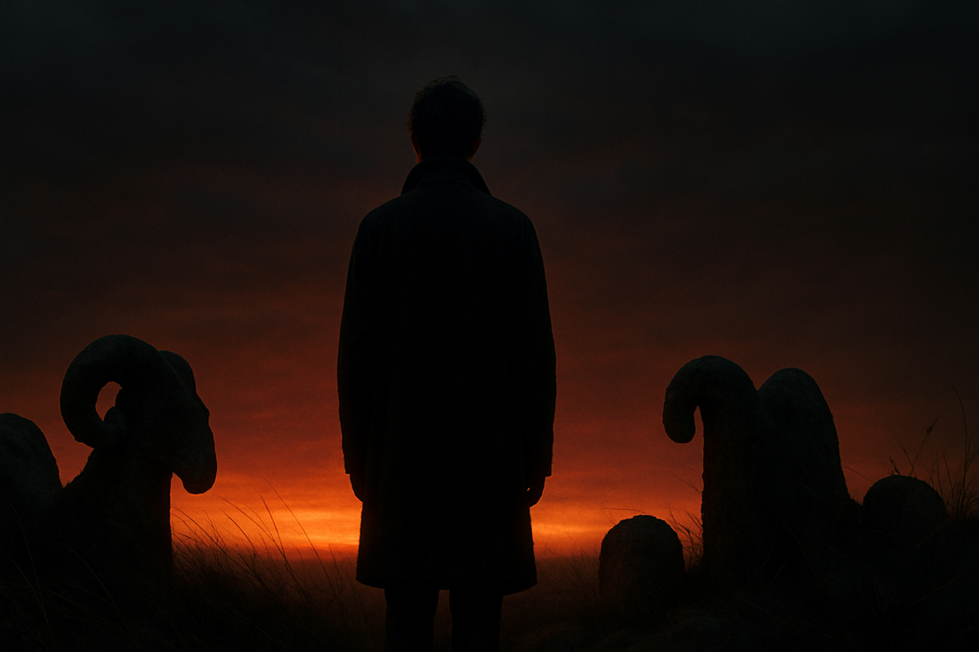 A lone figure at a spring dawn threshold facing an ember-red horizon with subtle ram-like stone shapes, symbolizing March 21 Aries energy and new beginnings.