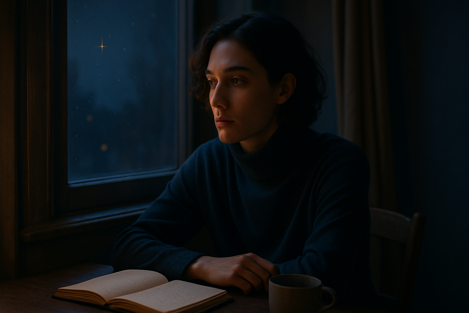 Contemplative person seated by a window at dusk with an open notebook and tea, symbolizing Life Path Number 7 introspection and inner wisdom.