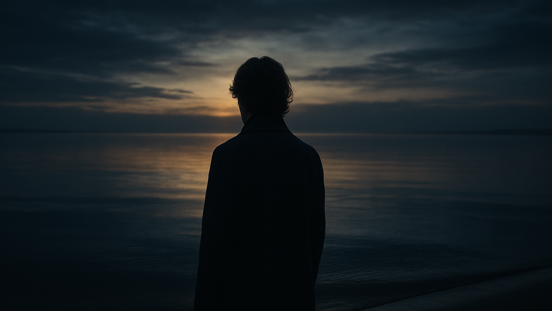 Solitary figure at a quiet shoreline at dawn, symbolizing Life Path Number 11 sensitivity, intuition, and purpose.