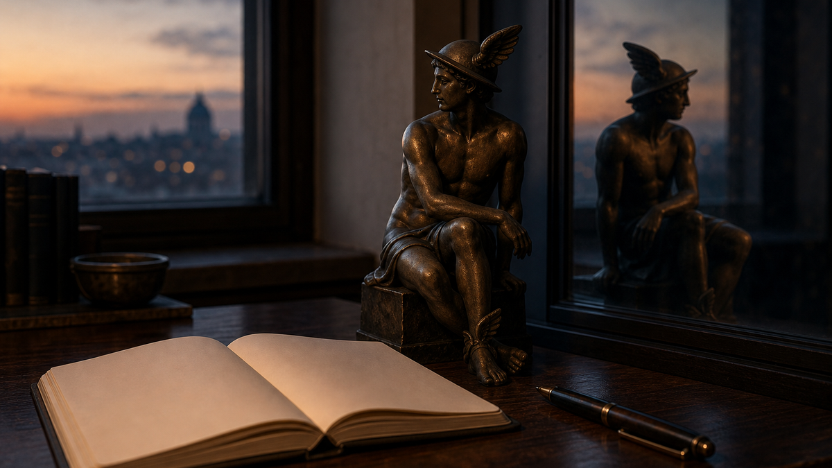 Bronze sculpture of the Roman messenger Mercury beside an open notebook and pen, with a subtle reflection in glass near a twilight window.